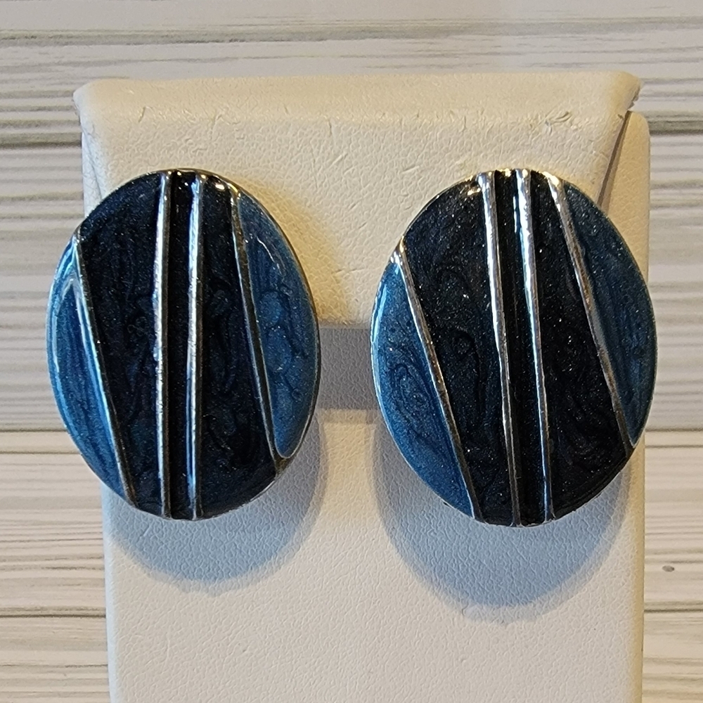 Vintage Navy Blue Silver Tone Geometric Striped Statement Pierced Earrings